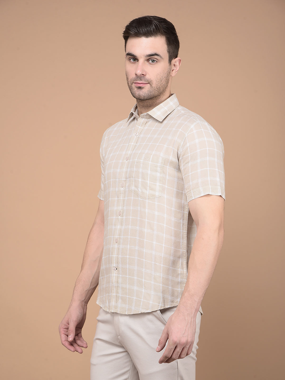 Khaki Checked Linen Shirt-Men Shirts-Crimsoune Club