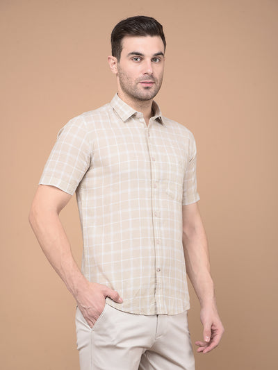 Khaki Checked Linen Shirt-Men Shirts-Crimsoune Club