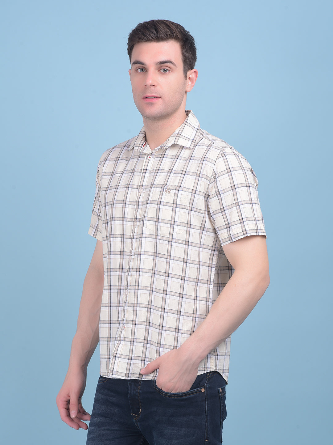 Beige Tartan Check 100% Cotton Shirt-Men Shirts-Crimsoune Club