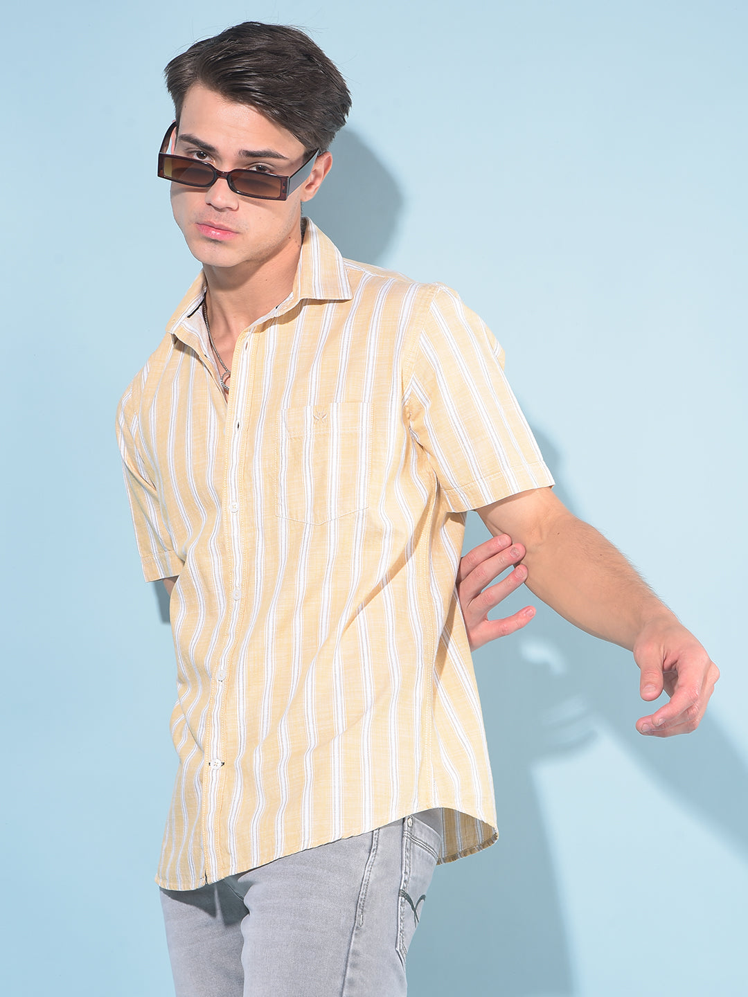 Yellow Vertical Striped 100% Cotton Shirt-Men Shirts-Crimsoune Club