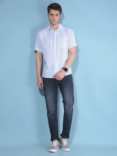 Blue Vertical Striped Linen Shirt-Men Shirts-Crimsoune Club