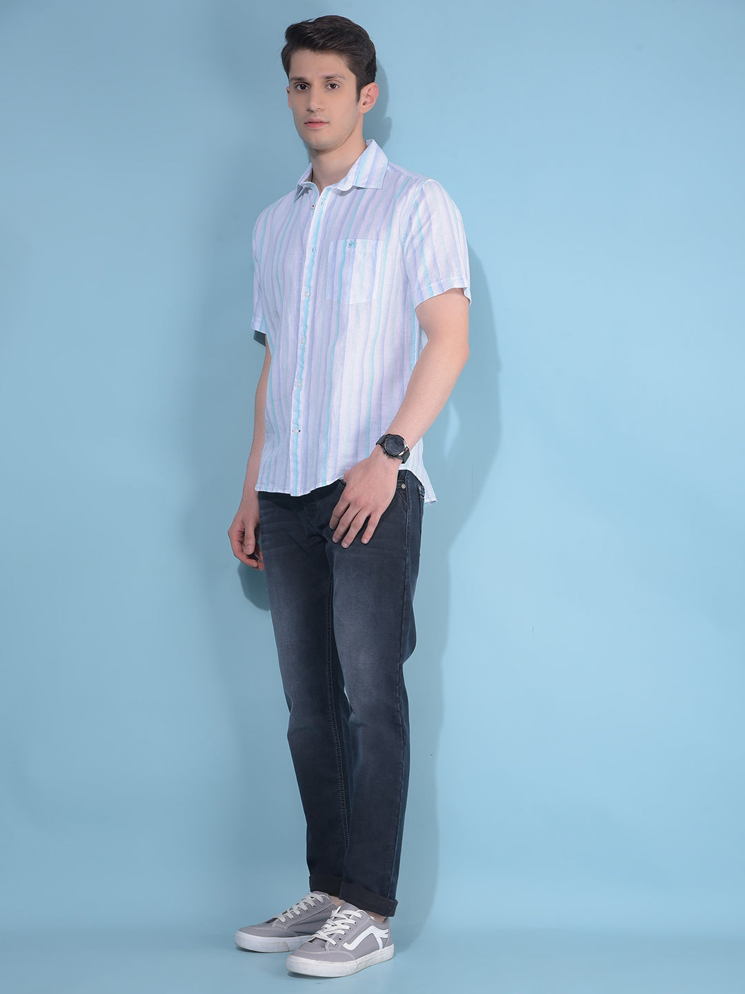 Blue Vertical Striped Linen Shirt-Men Shirts-Crimsoune Club