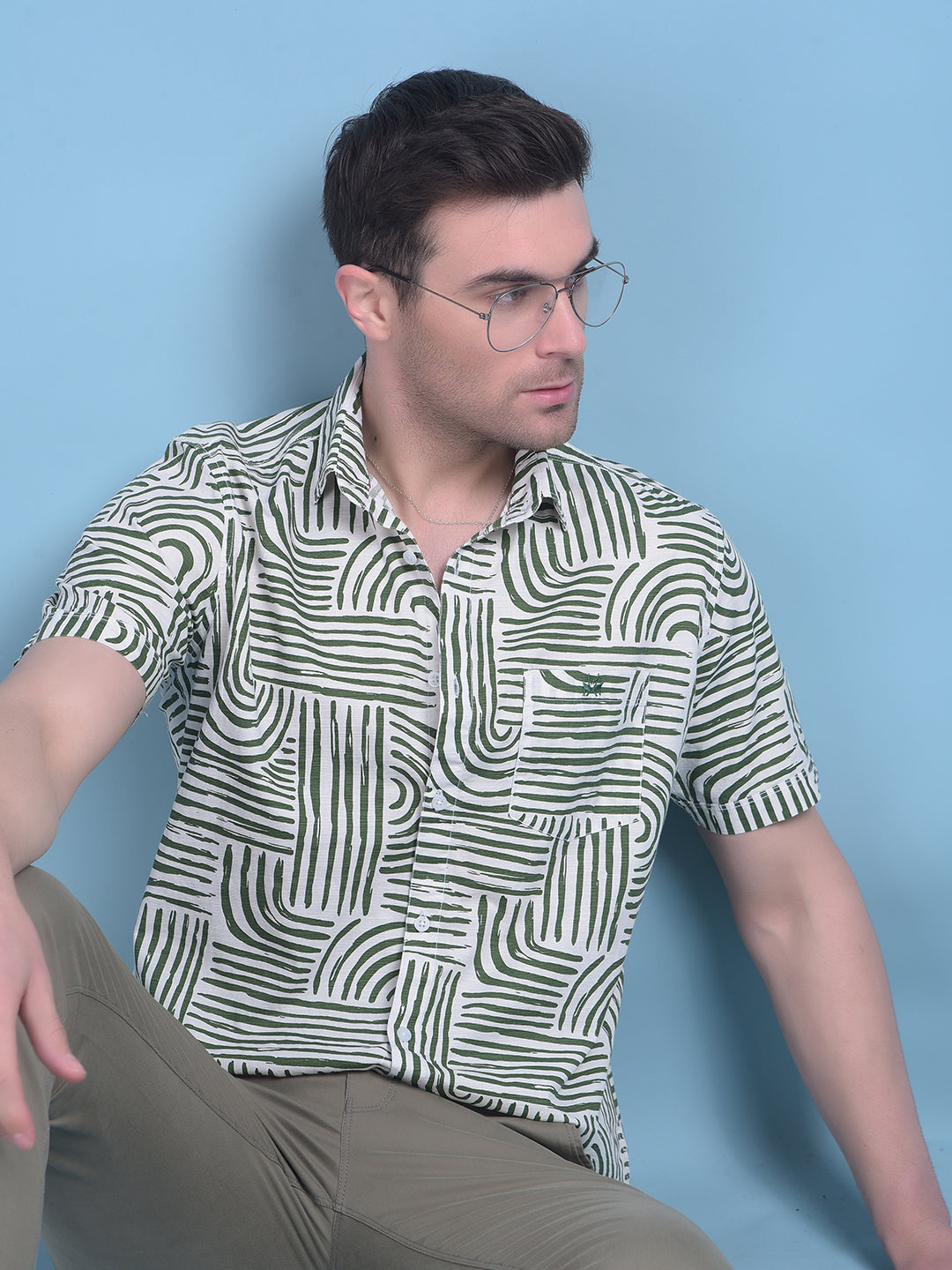 Olive Printed 100% Cotton Shirt-Men Shirts-Crimsoune Club