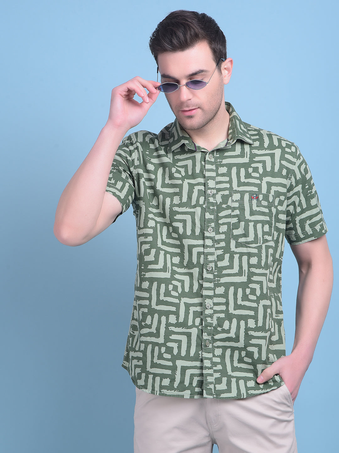Olive Printed 100% Cotton Shirt-Men Shirts-Crimsoune Club