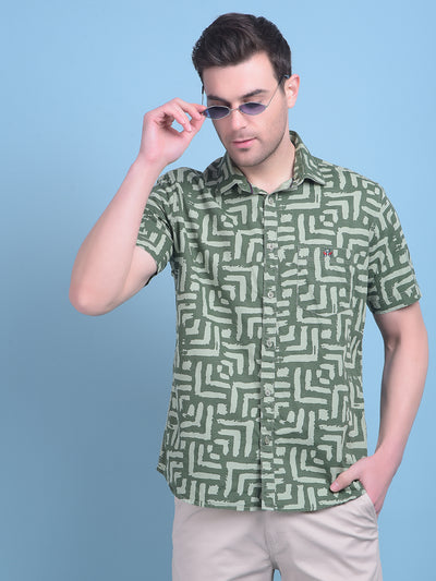 Olive Printed 100% Cotton Shirt-Men Shirts-Crimsoune Club