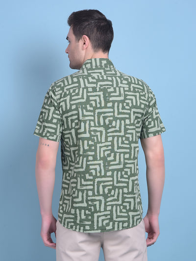 Olive Printed 100% Cotton Shirt-Men Shirts-Crimsoune Club