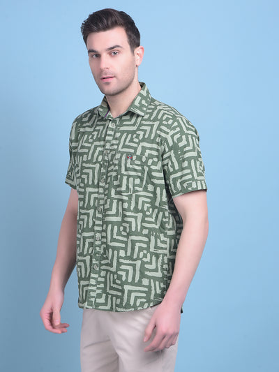 Olive Printed 100% Cotton Shirt-Men Shirts-Crimsoune Club