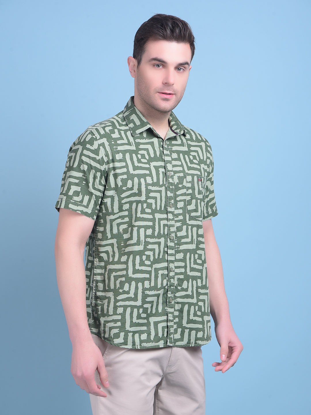 Olive Printed 100% Cotton Shirt-Men Shirts-Crimsoune Club