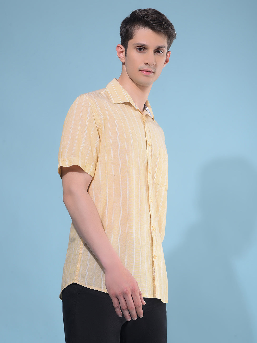 Yellow Vertical Striped Linen Shirt-Men Shirts-Crimsoune Club