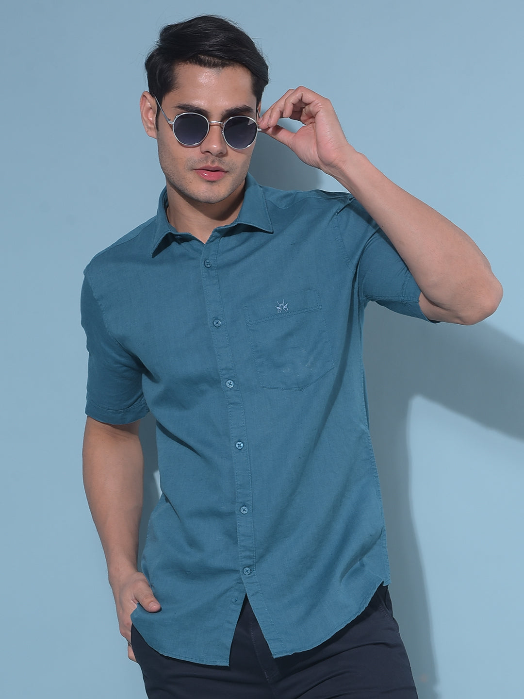 Blue Linen Shirt-Men Shirts-Crimsoune Club