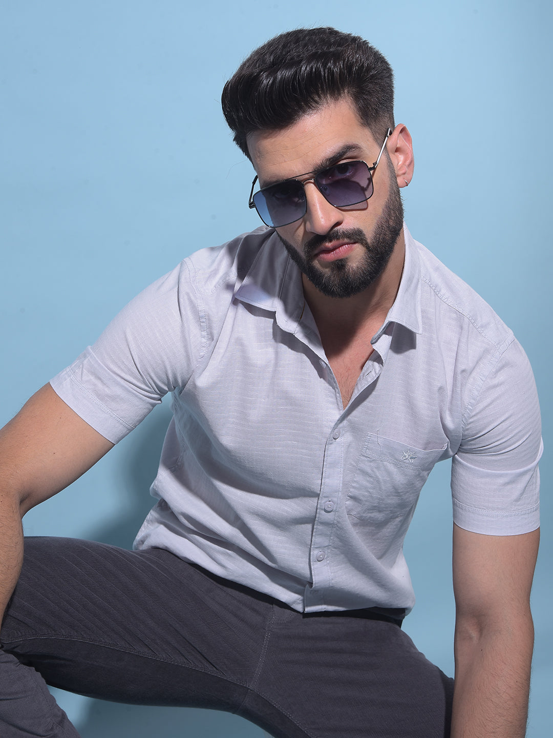 Grey Embroidered Cotton Shirt-Men Shirts-Crimsoune Club