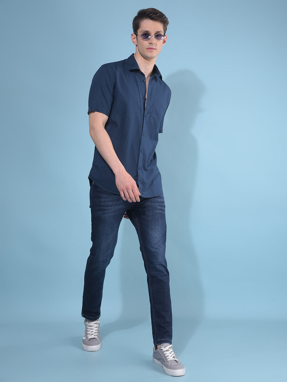 Navy Blue Printed Cotton Shirt-Men Shirts-Crimsoune Club