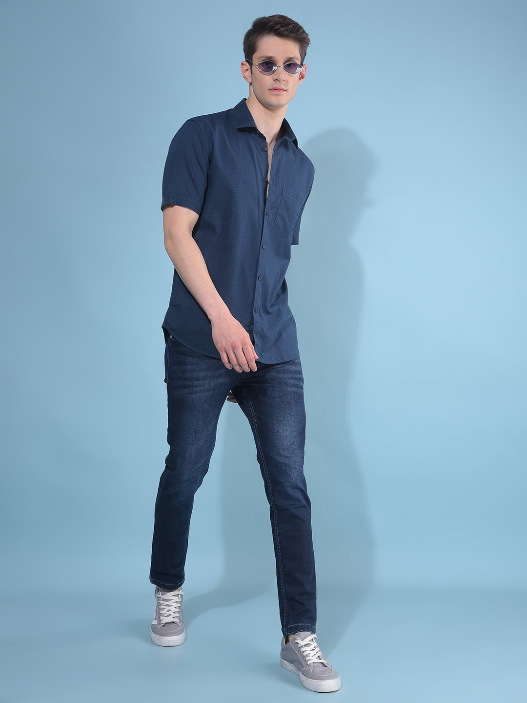 Navy Blue Printed Cotton Shirt-Men Shirts-Crimsoune Club