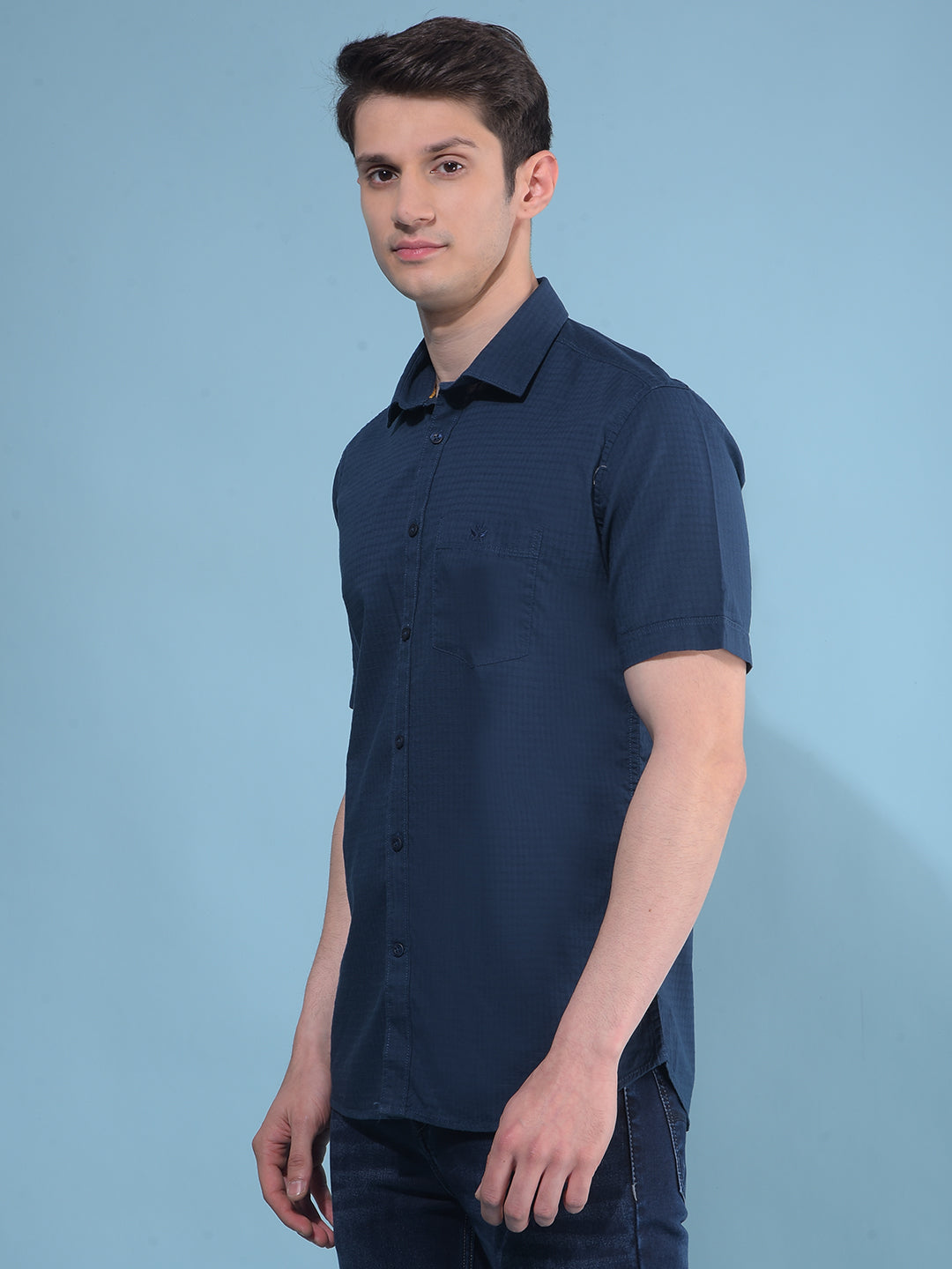 Navy Blue Printed Cotton Shirt-Men Shirts-Crimsoune Club