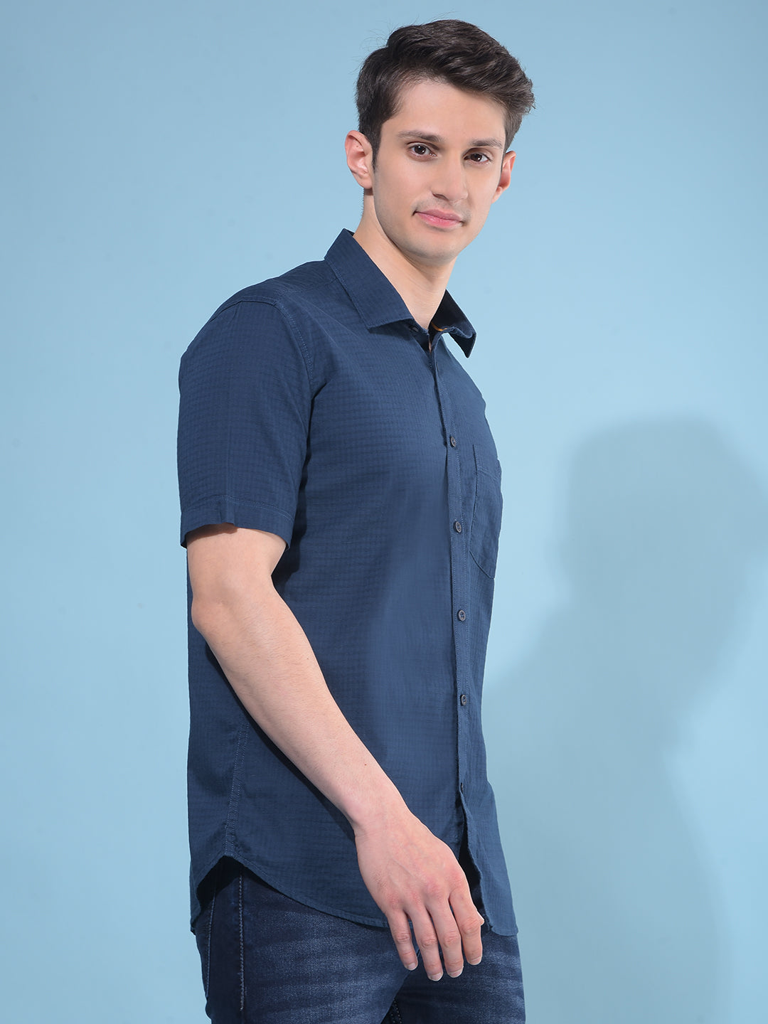 Navy Blue Printed Cotton Shirt-Men Shirts-Crimsoune Club