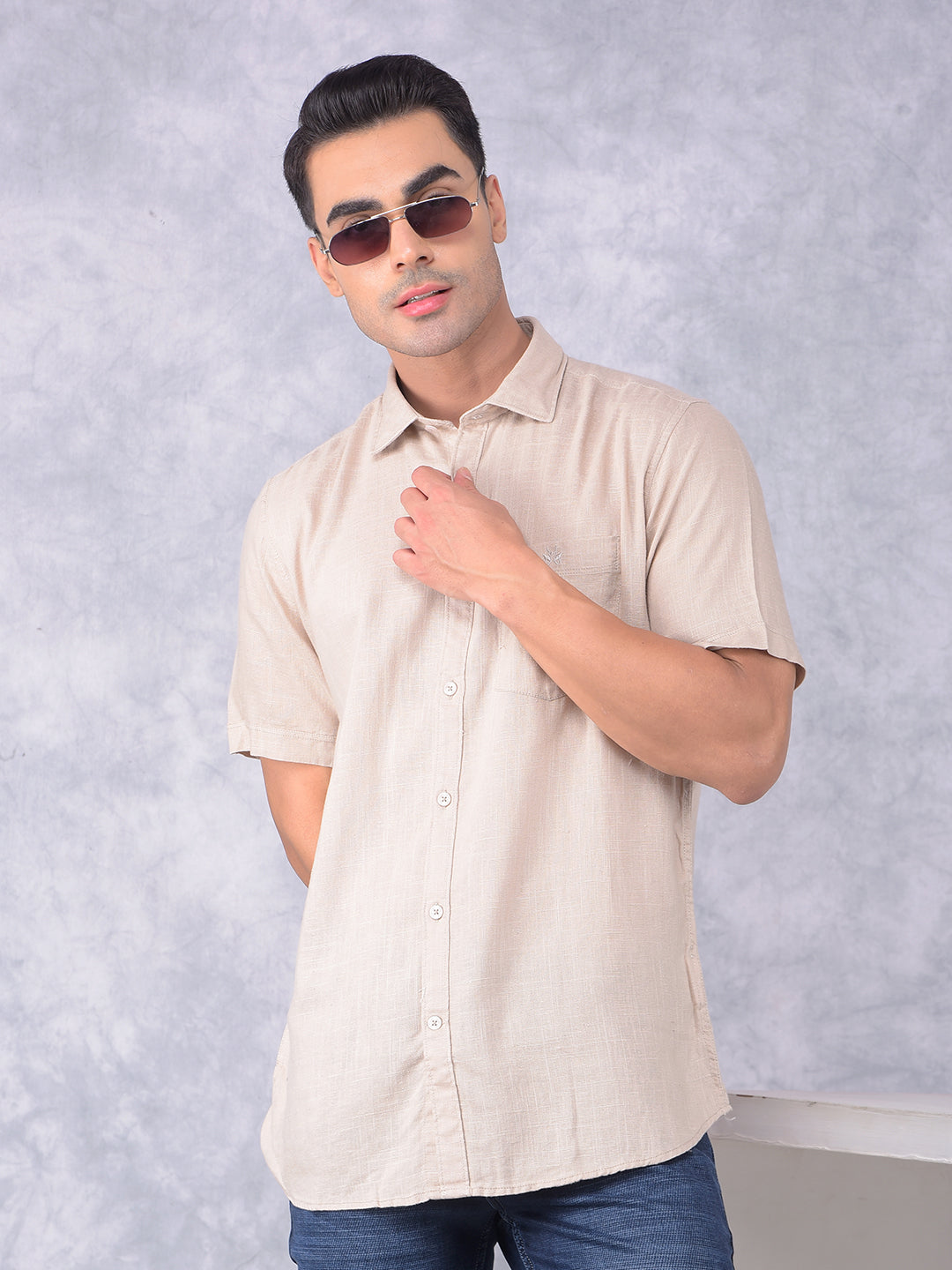 Beige Printed Linen Shirt-Men Shirts-Crimsoune Club