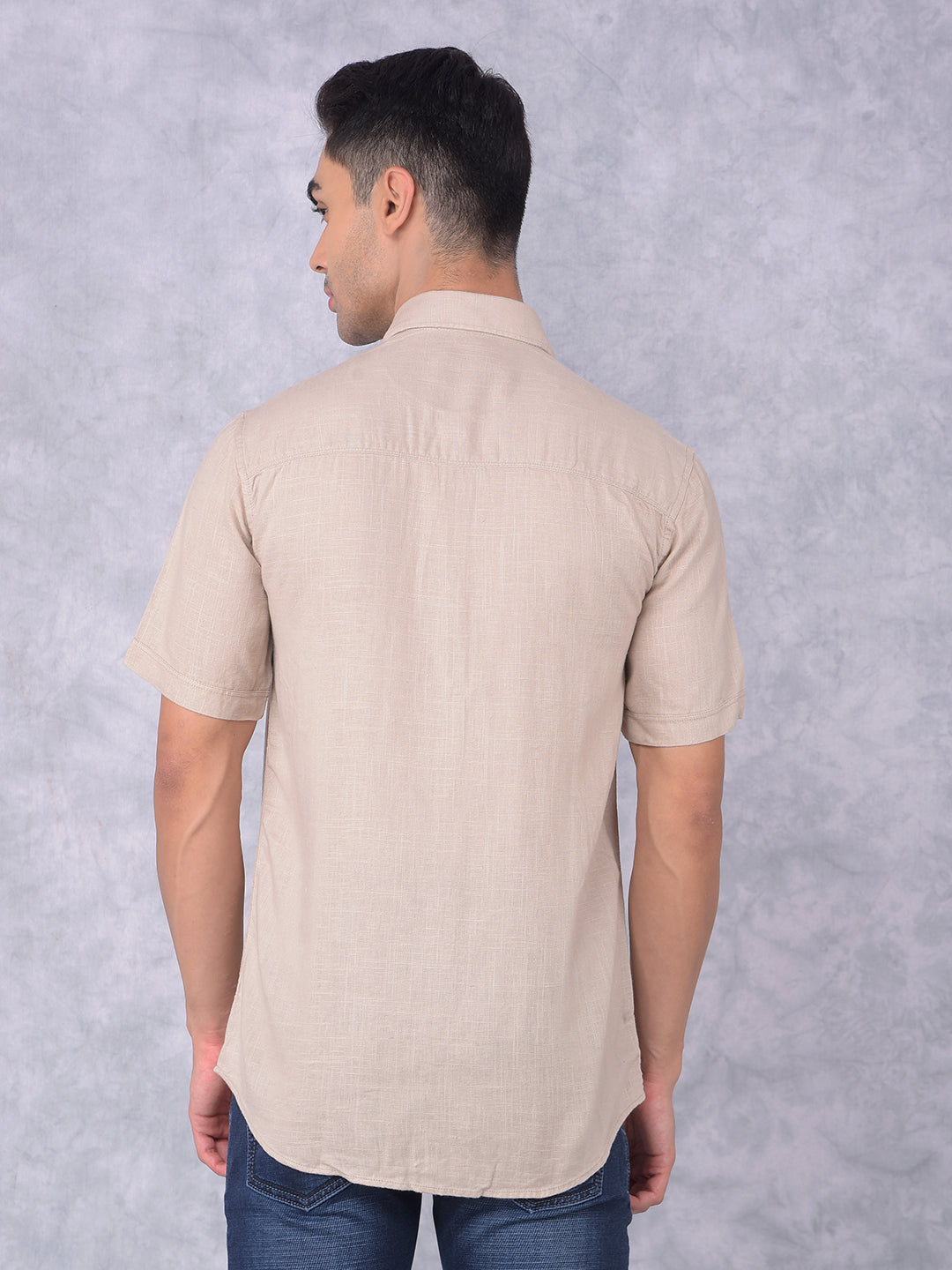 Beige Printed Linen Shirt-Men Shirts-Crimsoune Club