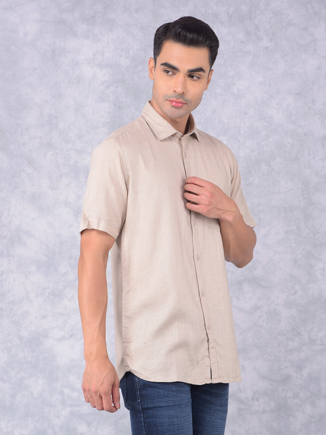 Beige Printed Linen Shirt-Men Shirts-Crimsoune Club