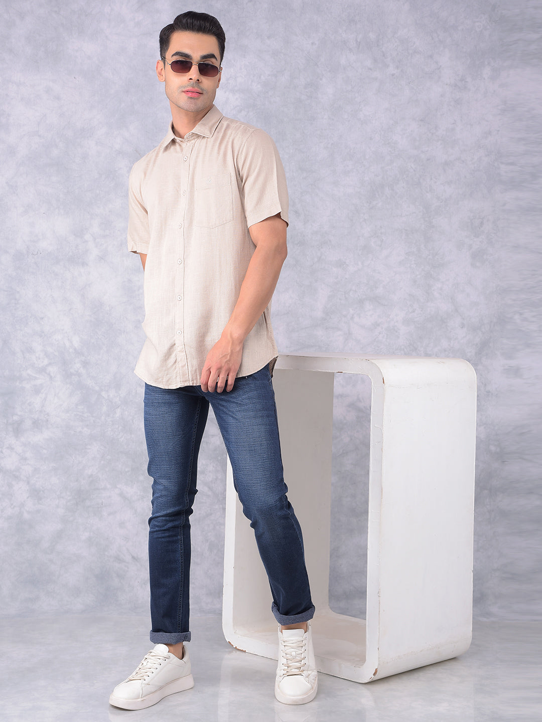 Beige Printed Linen Shirt-Men Shirts-Crimsoune Club