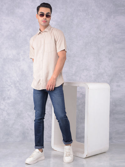 Beige Printed Linen Shirt-Men Shirts-Crimsoune Club