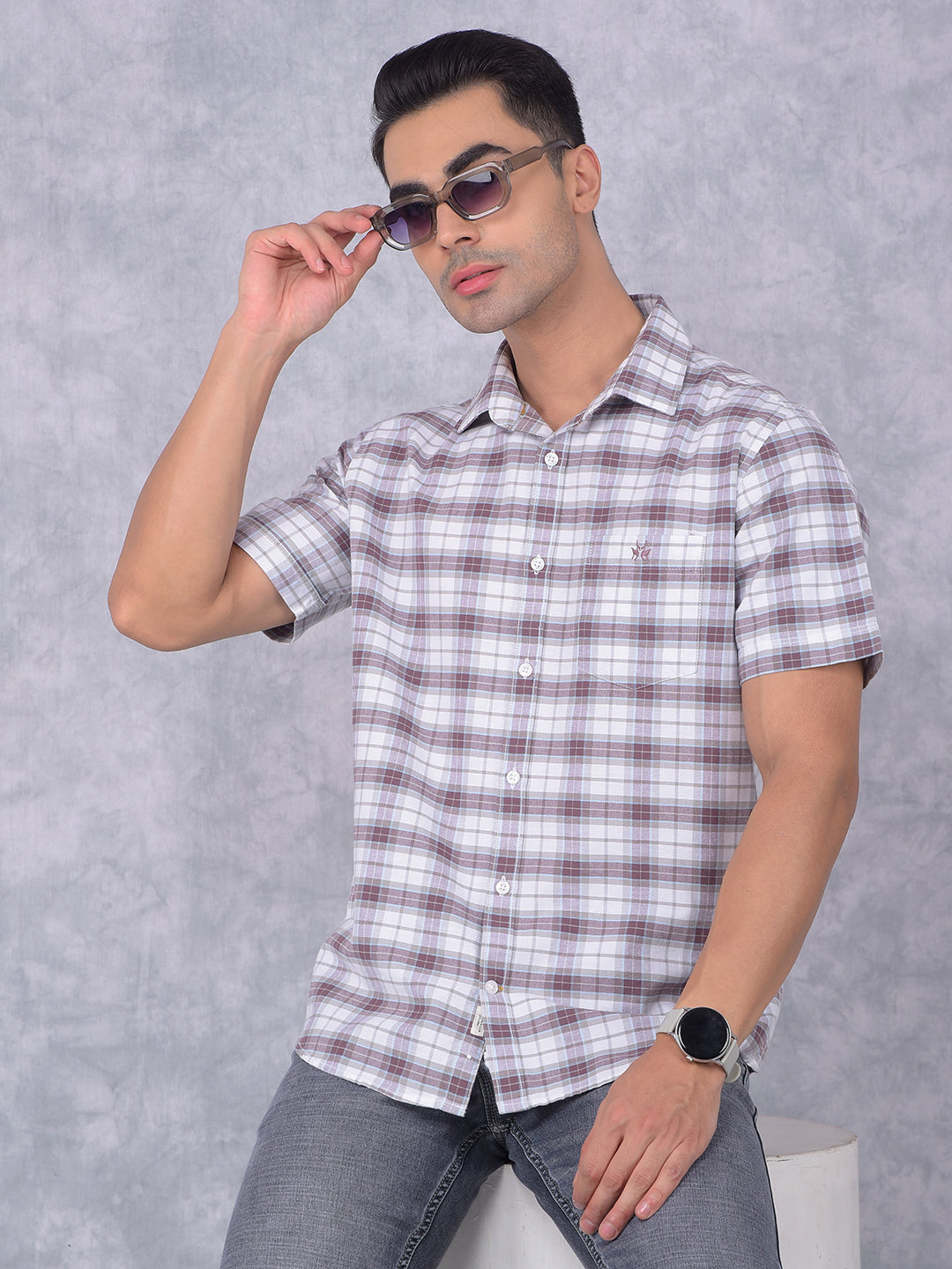 Brown Checked 100% Cotton Shirt-Men Shirts-Crimsoune Club