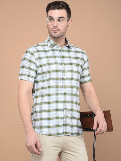 Olive Checked 100% Cotton Shirt-Men Shirts-Crimsoune Club