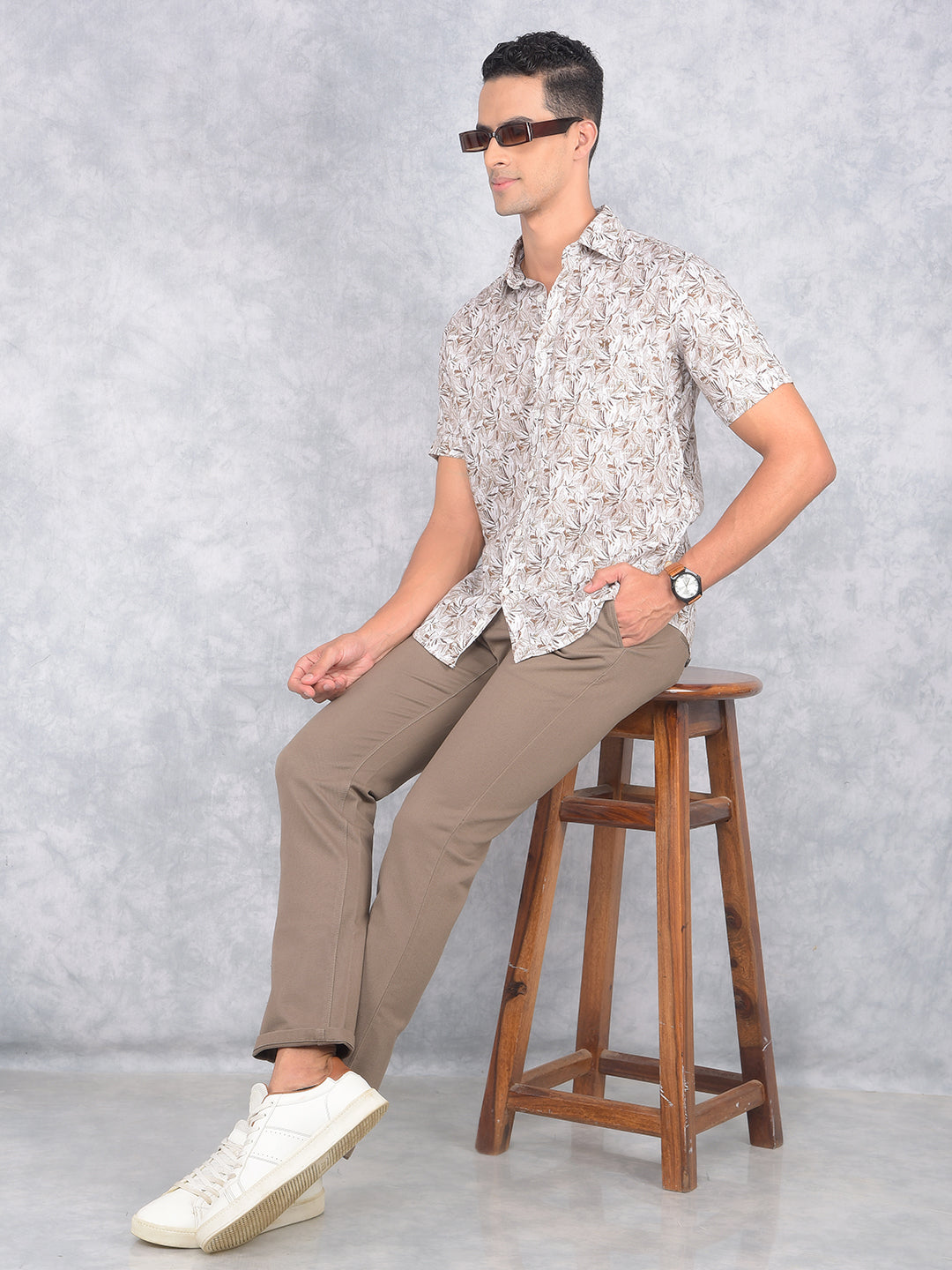 Brown Floral Print Linen Shirt-Men Shirts-Crimsoune Club