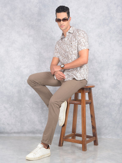 Brown Floral Print Linen Shirt-Men Shirts-Crimsoune Club