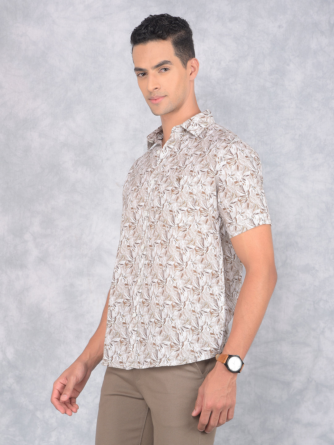 Brown Floral Print Linen Shirt-Men Shirts-Crimsoune Club