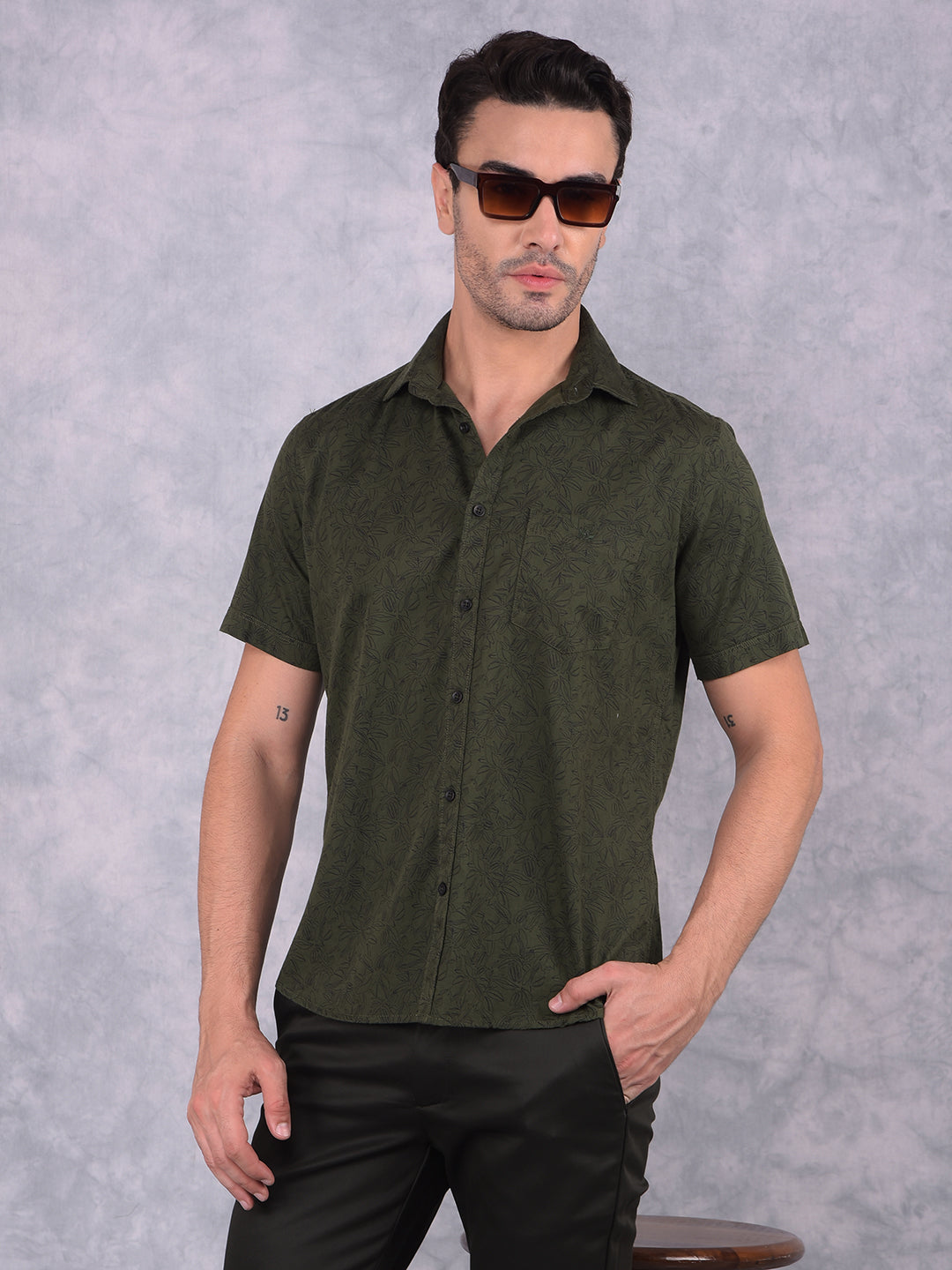 Green Floral Print 100% Cotton Shirt-Men Shirts-Crimsoune Club