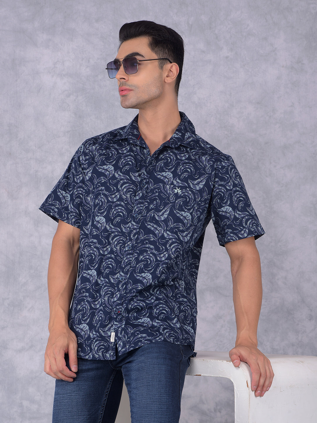 Navy Blue Floral Print 100% Cotton Shirt-Men Shirts-Crimsoune Club