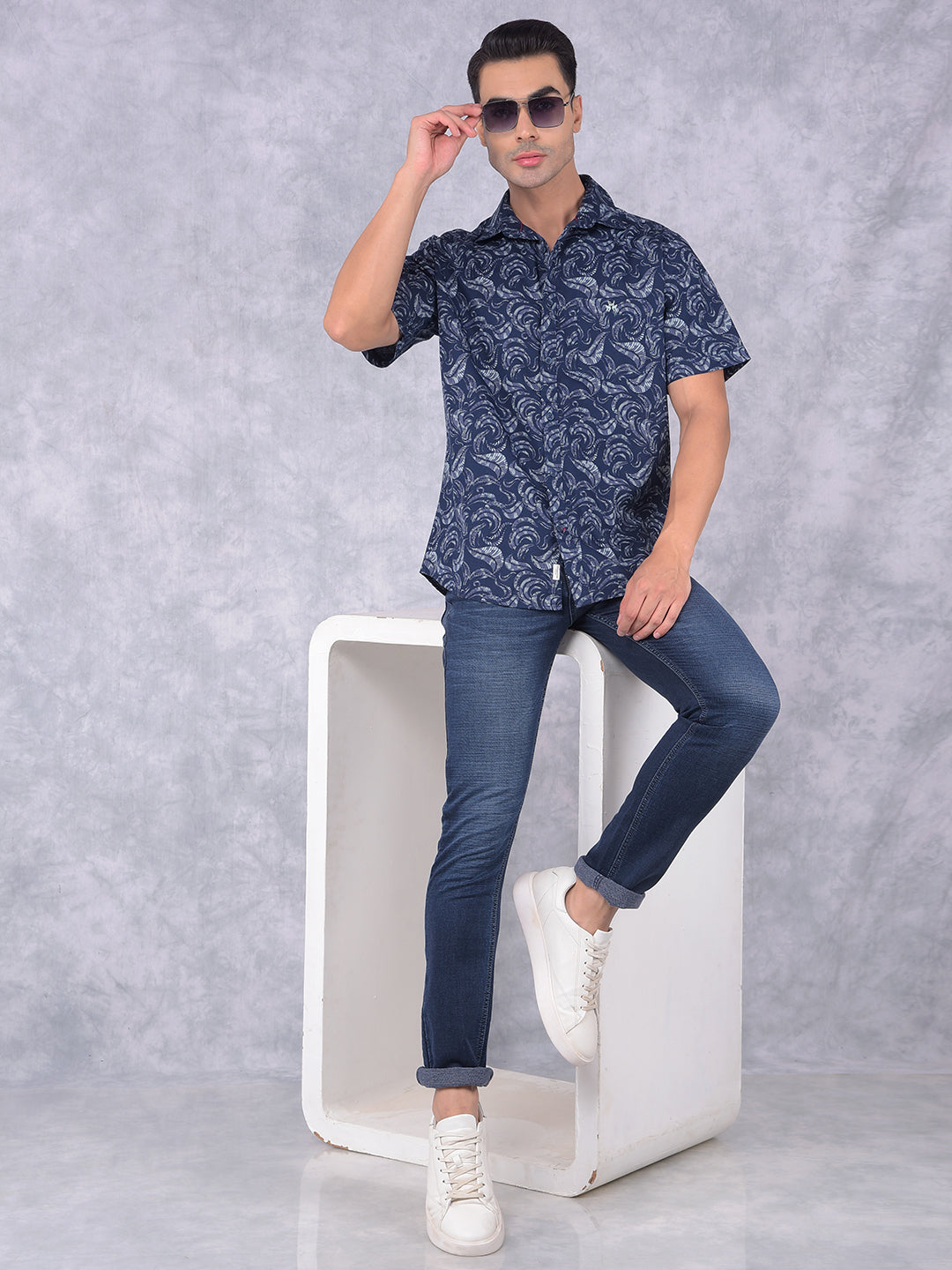Navy Blue Floral Print 100% Cotton Shirt-Men Shirts-Crimsoune Club