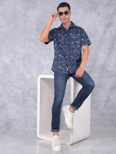 Navy Blue Floral Print 100% Cotton Shirt-Men Shirts-Crimsoune Club