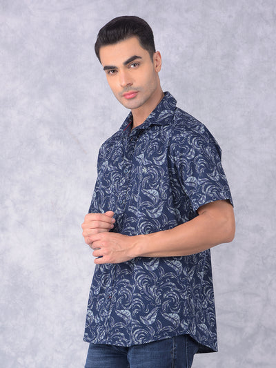 Navy Blue Floral Print 100% Cotton Shirt-Men Shirts-Crimsoune Club