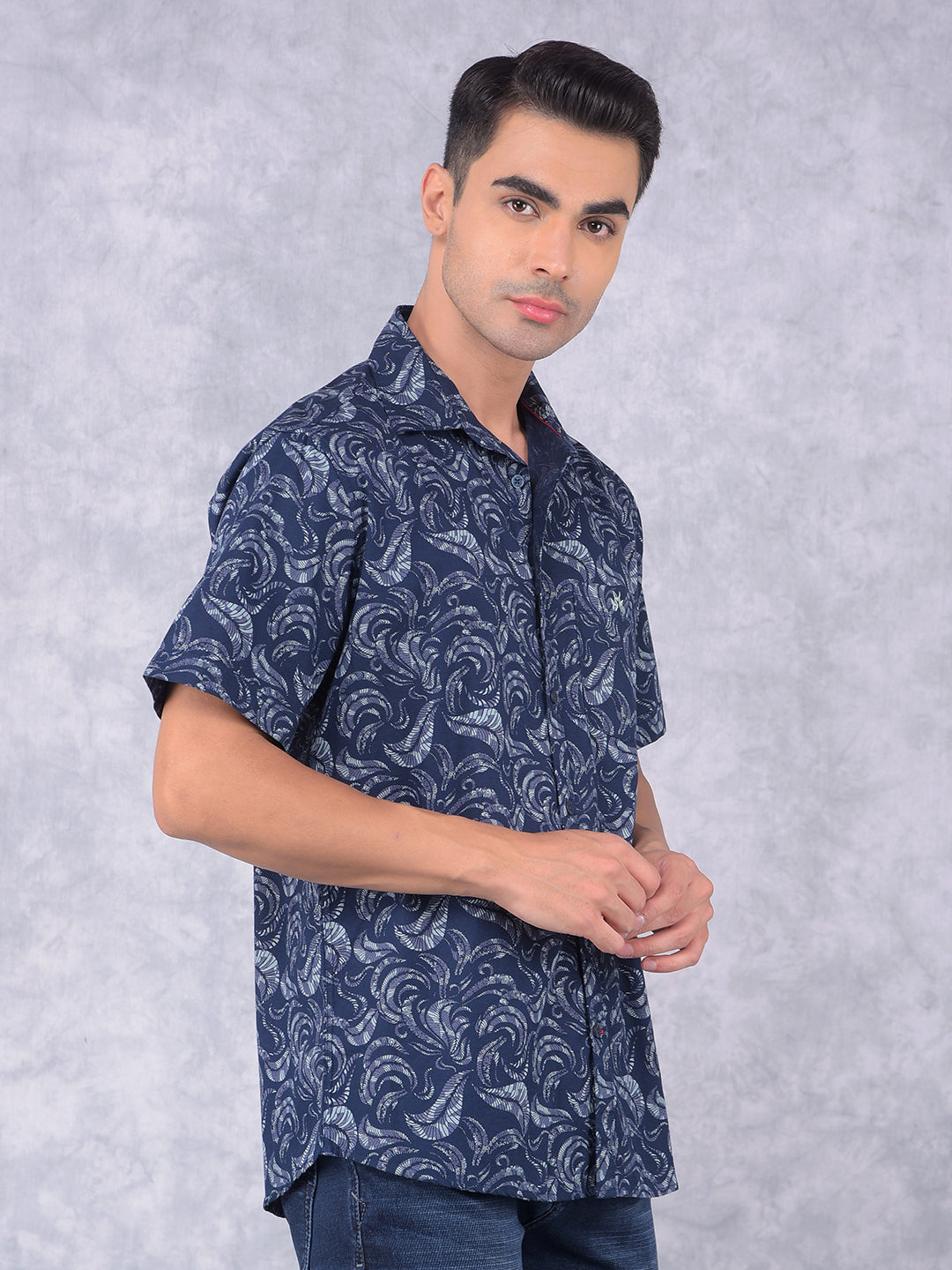 Navy Blue Floral Print 100% Cotton Shirt-Men Shirts-Crimsoune Club