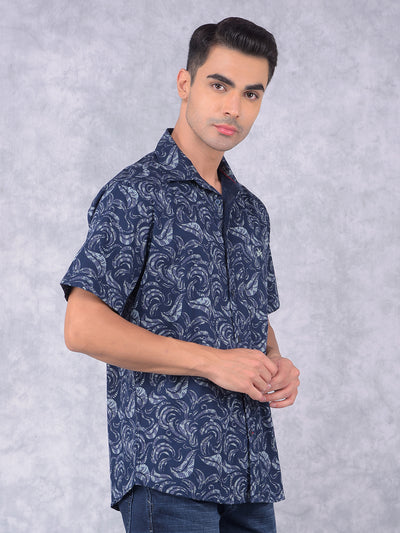 Navy Blue Floral Print 100% Cotton Shirt-Men Shirts-Crimsoune Club