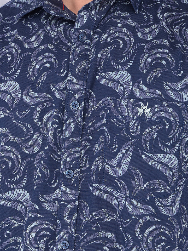 Navy Blue Floral Print 100% Cotton Shirt-Men Shirts-Crimsoune Club