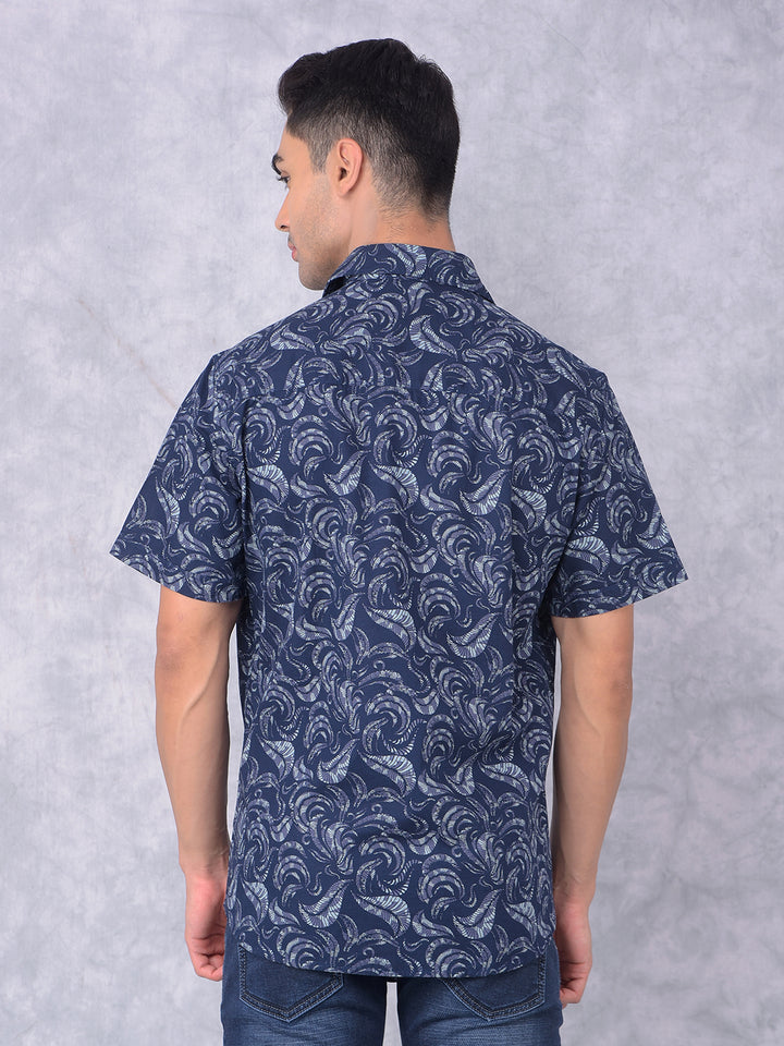 Navy Blue Floral Print 100% Cotton Shirt-Men Shirts-Crimsoune Club