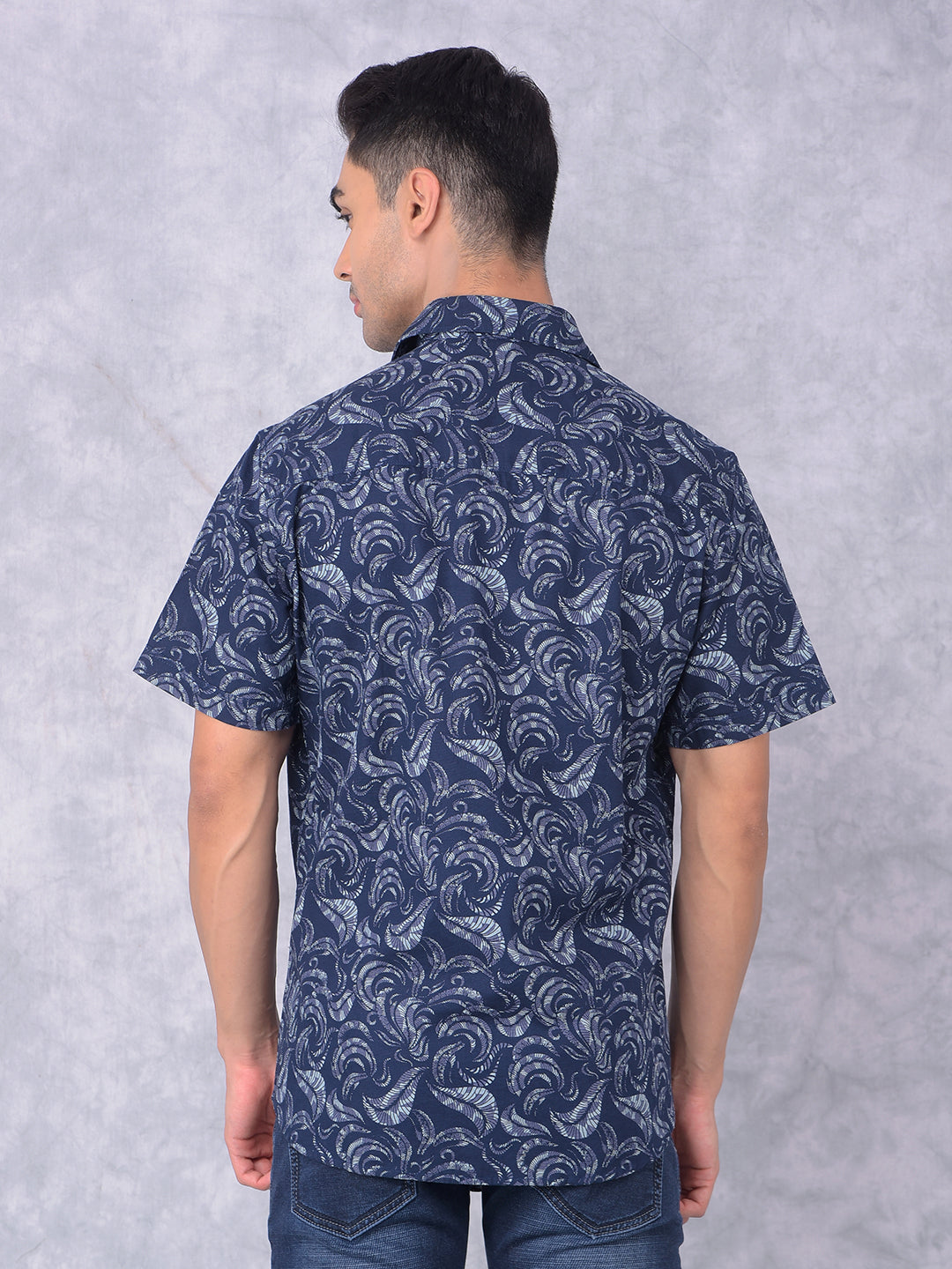 Navy Blue Floral Print 100% Cotton Shirt-Men Shirts-Crimsoune Club