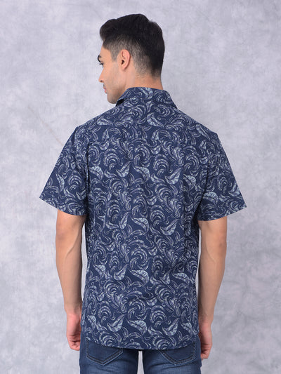Navy Blue Floral Print 100% Cotton Shirt-Men Shirts-Crimsoune Club