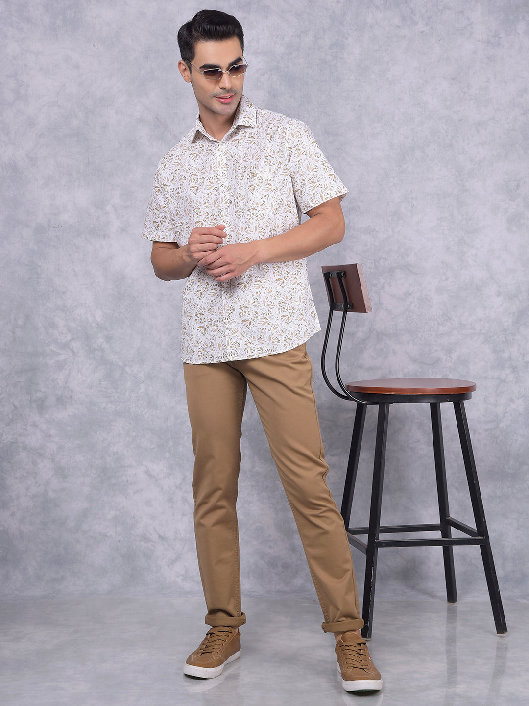 Olive Floral Print 100% Cotton Shirt-Men Shirts-Crimsoune Club