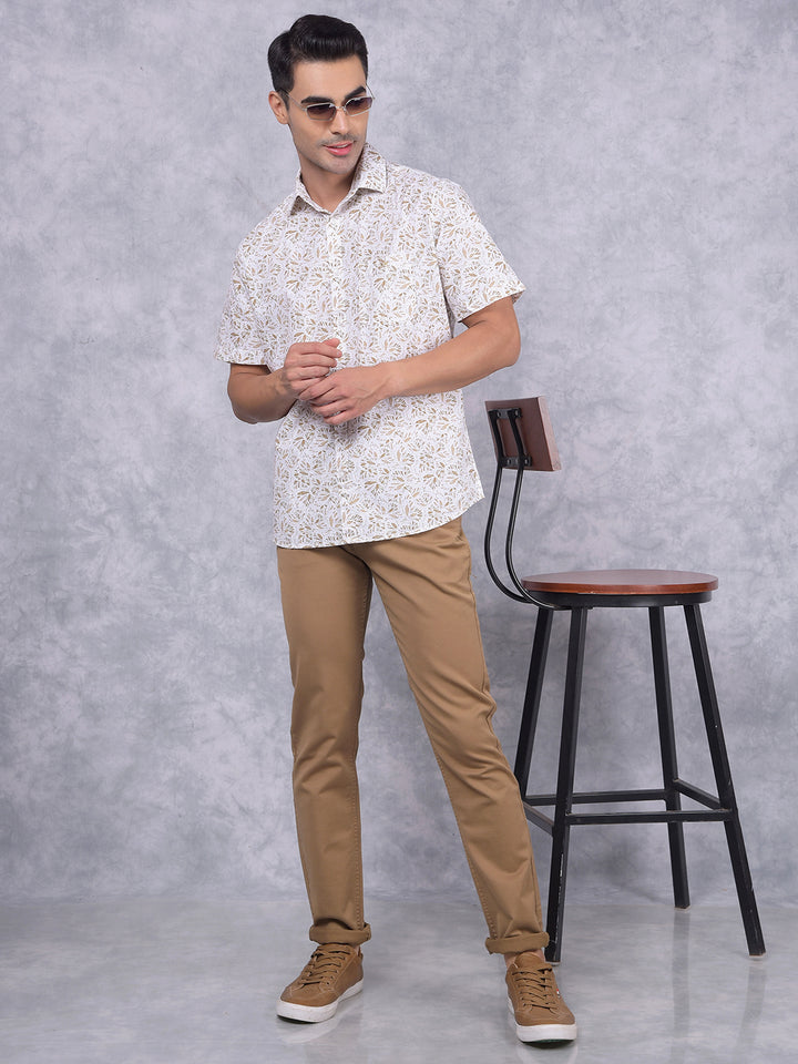 Olive Floral Print 100% Cotton Shirt-Men Shirts-Crimsoune Club