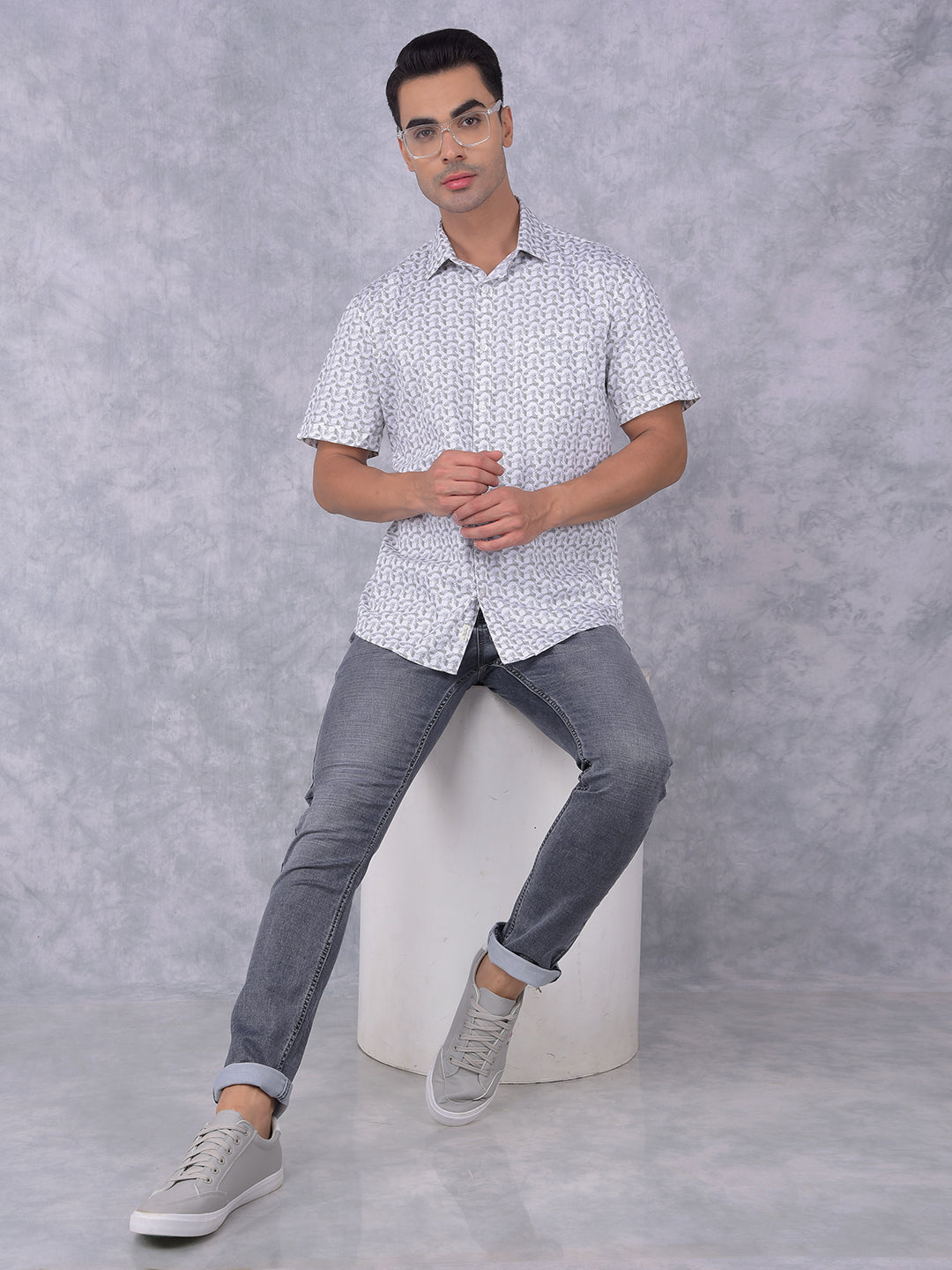 Olive Printed 100% Cotton Shirt-Men Shirts-Crimsoune Club