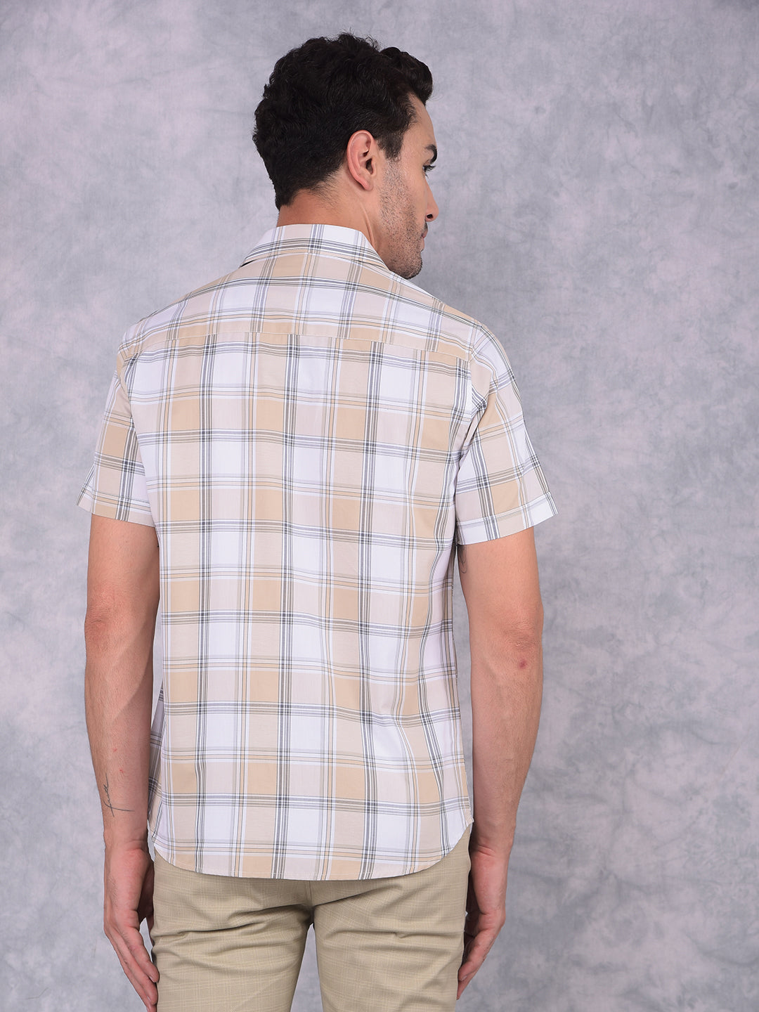 Beige Checked 100% Cotton Shirt-Men Shirts-Crimsoune Club