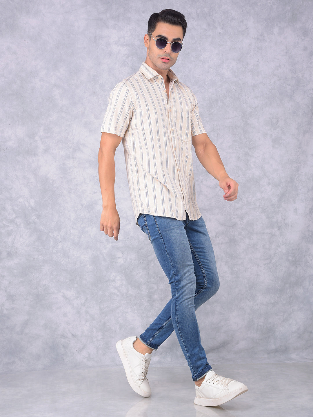 Beige Vertical Stripes 100% Cotton Shirt-Men Shirts-Crimsoune Club