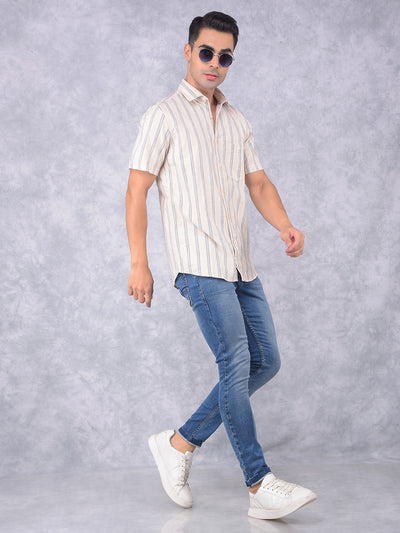 Beige Vertical Stripes 100% Cotton Shirt-Men Shirts-Crimsoune Club