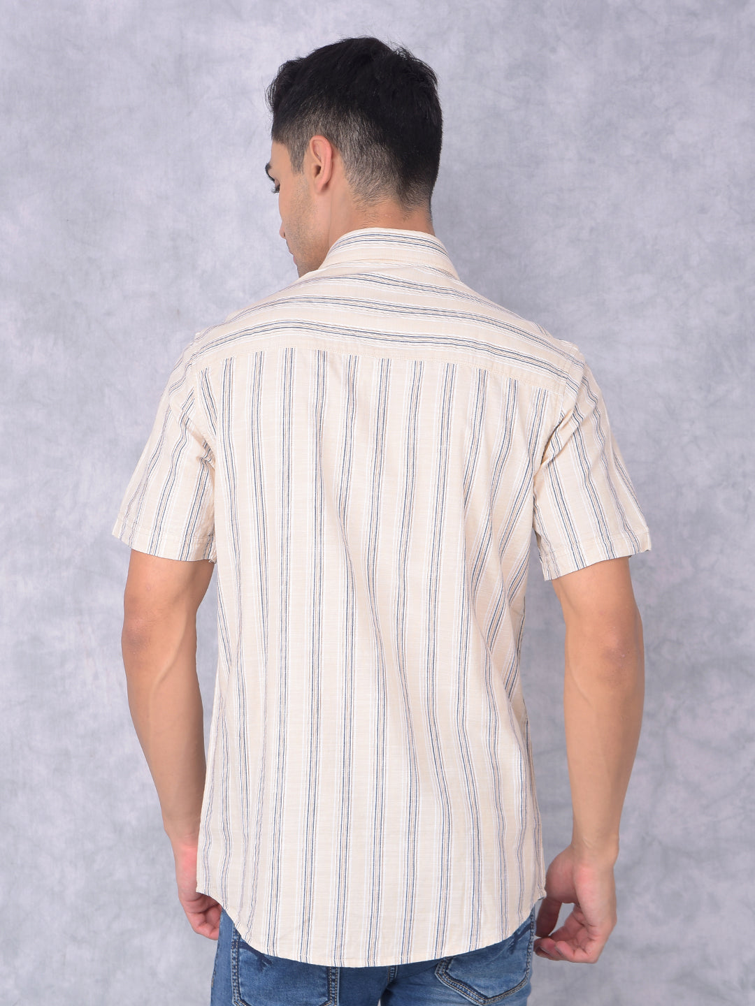 Beige Vertical Stripes 100% Cotton Shirt-Men Shirts-Crimsoune Club