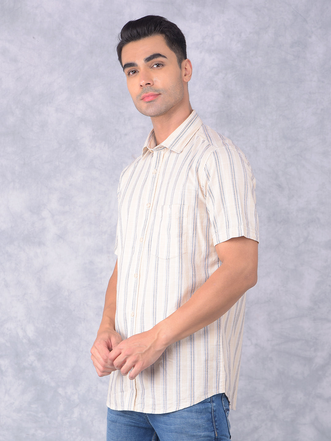 Beige Vertical Stripes 100% Cotton Shirt-Men Shirts-Crimsoune Club