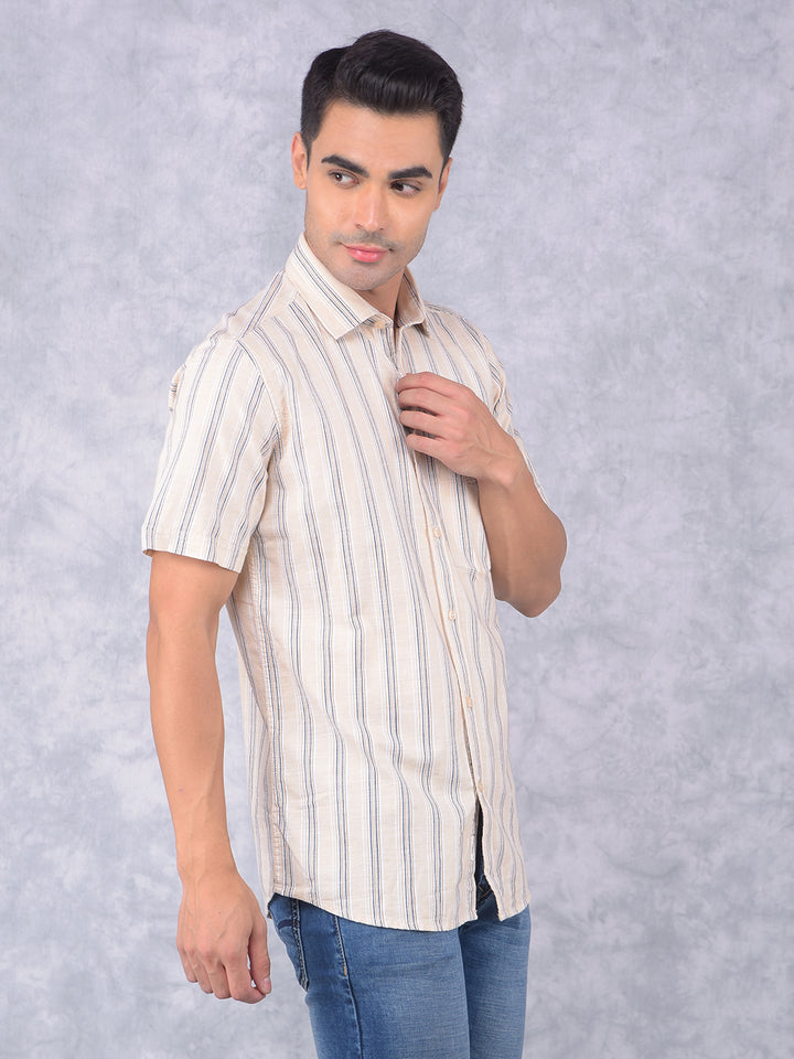 Beige Vertical Stripes 100% Cotton Shirt-Men Shirts-Crimsoune Club