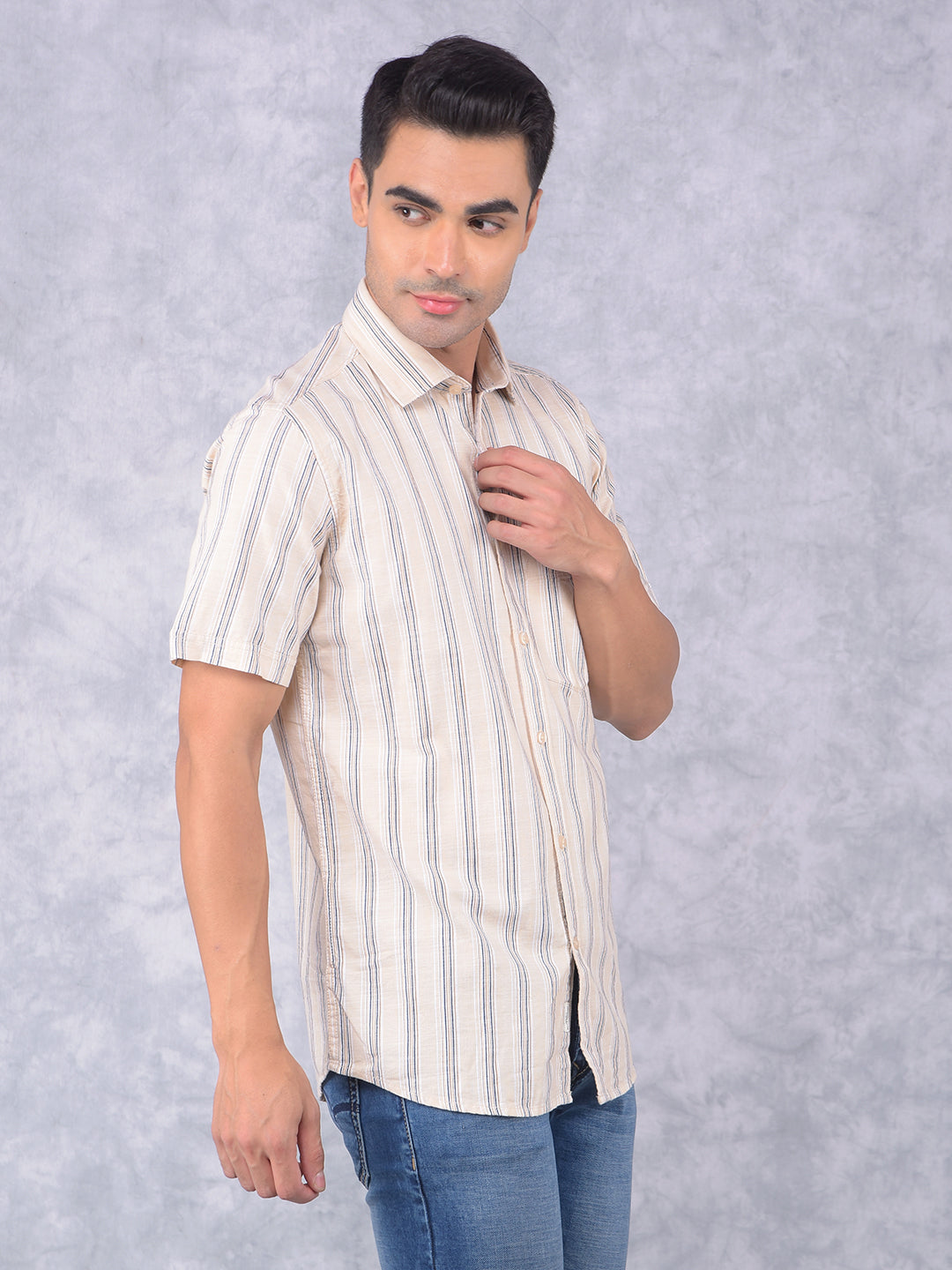 Beige Vertical Stripes 100% Cotton Shirt-Men Shirts-Crimsoune Club